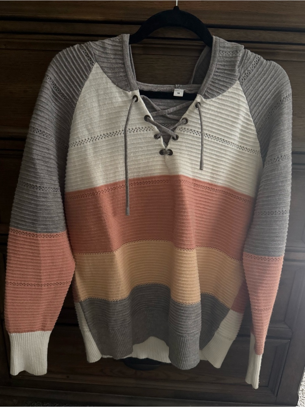 Lace-Up Hooded Stripe Sweater - Multi-Color